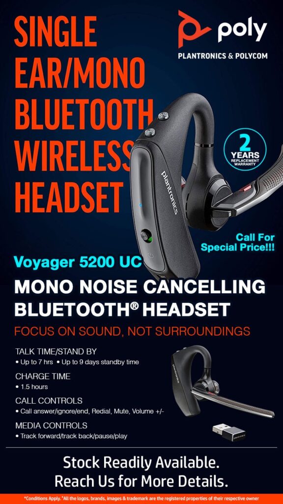 Poly – Planteonics & Polycom Voyager 5200UC Single Ear Mini Noise Cancelling Bluetooth Headset